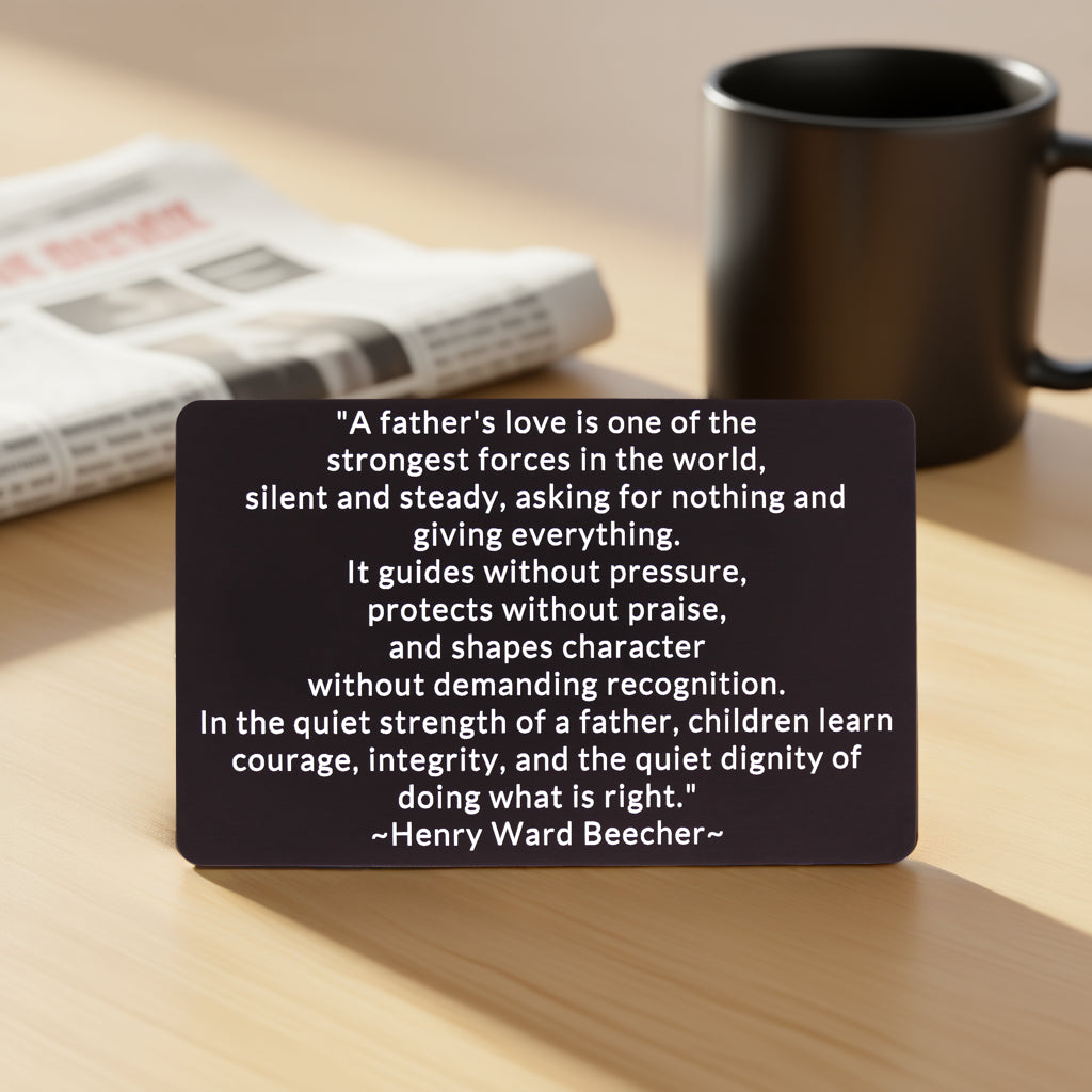 Black engraved metal wallet card with Henry Ward Beecher's quote on a father's love, lying on a wooden table next to a black mug and a newspaper.
