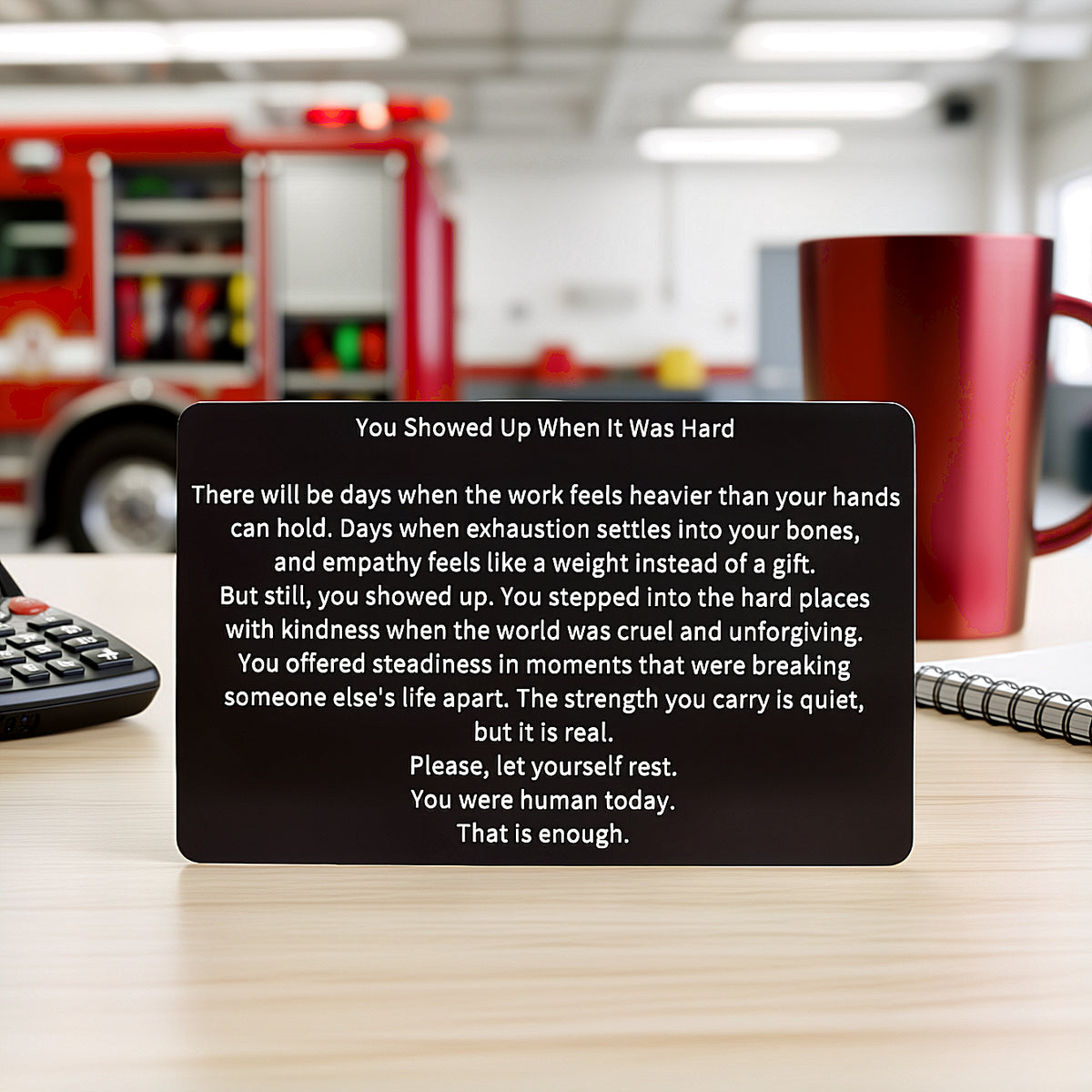 Black engraved metal wallet card reading 'You Showed Up When It Was Hard' lying on a wooden table next to a calculator, spiral notebook, and red mug with a firetruck in the background.